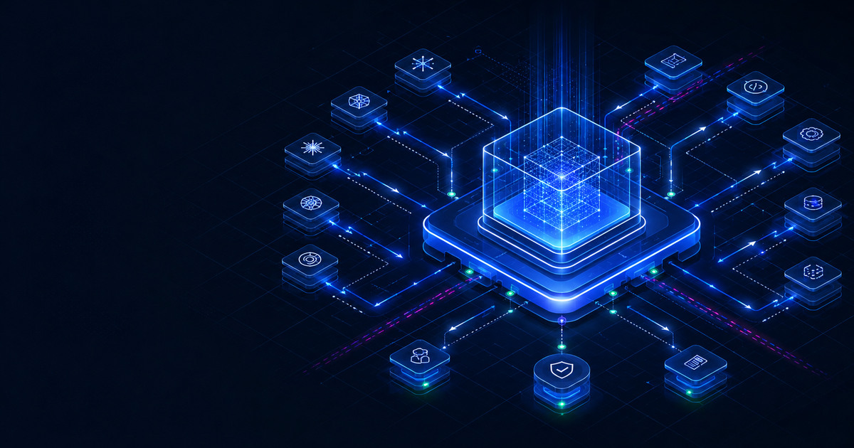 Arquitetura digital abstrata em azul com um registo central a organizar agentes, ferramentas e ligações empresariais em percursos auditáveis.