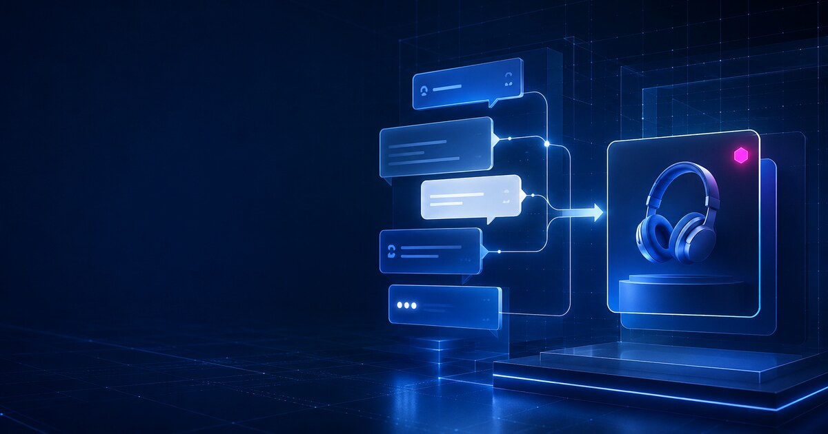 Interface conversacional abstrata em azul com vários painéis de diálogo ligados a um cartão de produto patrocinado, claramente separado.